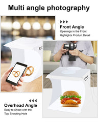 Photo Studio Box with LED Light, PULUZ 20cm Mini Portable Photography Lighting Tent Kit, White Foldable Shooting Softbox with 2x20 Lights + 6 Backdrops for Product Display image 1