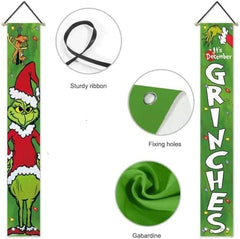 Christmas Grinch Porch Banners – Holiday Doorway Decorations with Santa Outfit & Lights, 2-Pack (70.8" x 11.8")