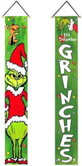 Christmas Grinch Porch Banners – Holiday Doorway Decorations with Santa Outfit & Lights, 2-Pack (70.8" x 11.8")