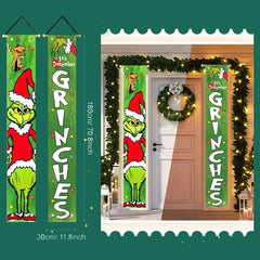 Christmas Grinch Porch Banners – Holiday Doorway Decorations with Santa Outfit & Lights, 2-Pack (70.8" x 11.8")
