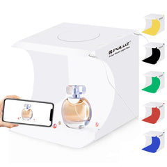 Photo Studio Box with LED Light, PULUZ 20cm Mini Portable Photography Lighting Tent Kit, White Foldable Shooting Softbox with 2x20 Lights + 6 Backdrops for Product Display image 0