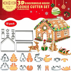 18PCS 3D Christmas Gingerbread House Cookie Cutter Set – Stainless Steel DIY Baking Kit for Cookies, Biscuits & Pastries