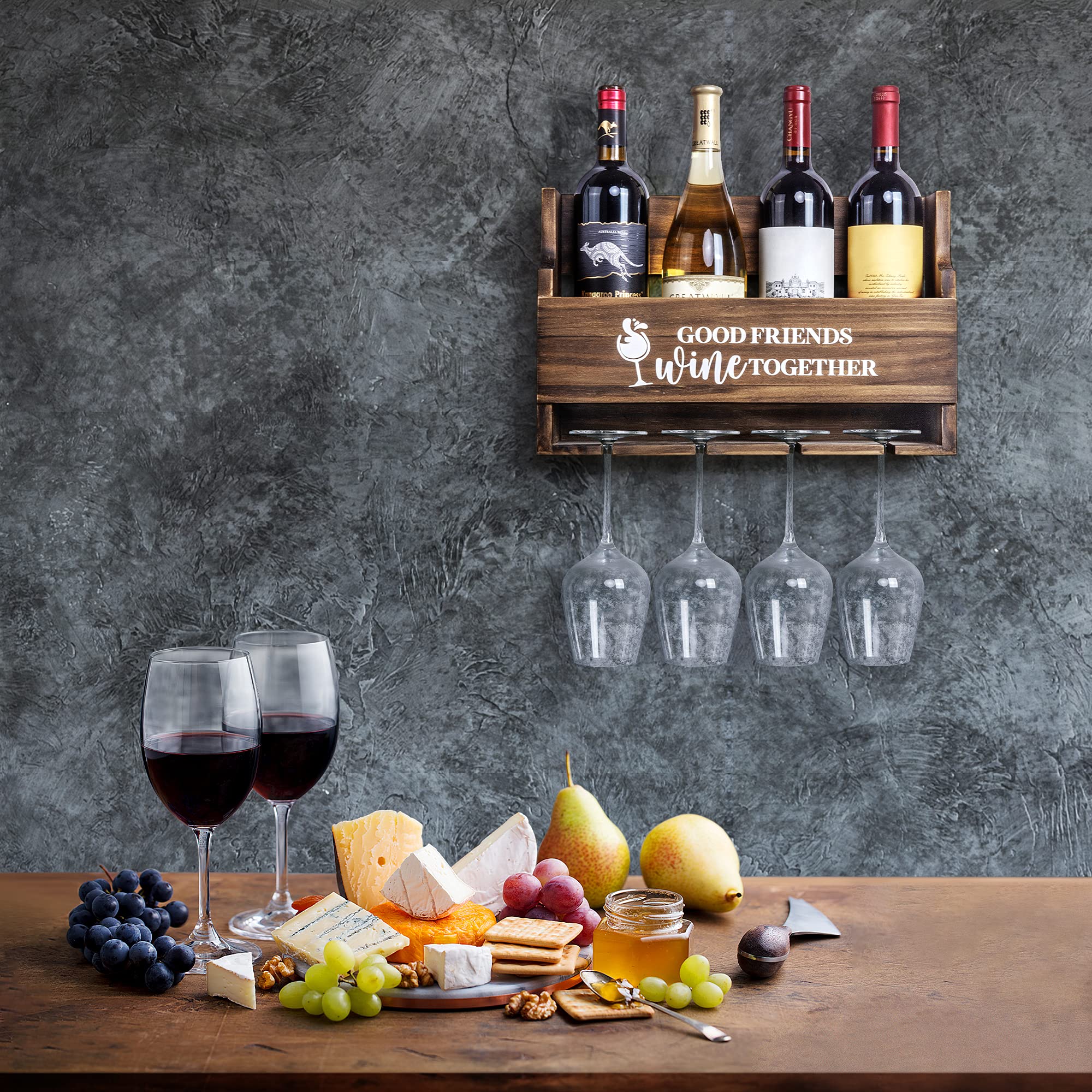 Lemonn Living, Wooden Wall Mounted Wine Rack, Kitchen Storage, Wine Bottle &amp; Glass Holder, Stylish Home &amp; Kitchen Décor, Gift for Housewarming, Birthday or Any Occasion (Good Friends Wine Together) image 4