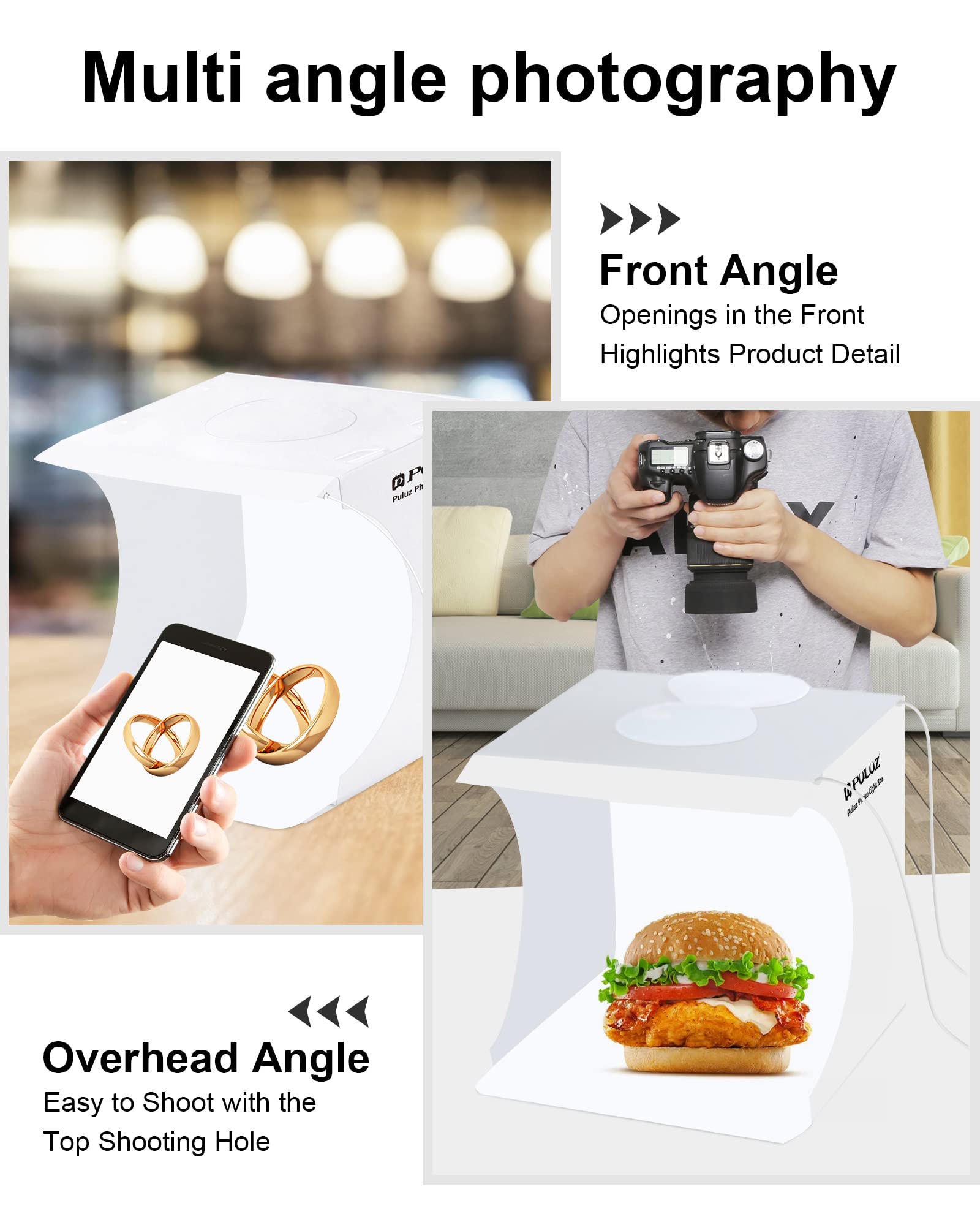 Photo Studio Box with LED Light, PULUZ 20cm Mini Portable Photography Lighting Tent Kit, White Foldable Shooting Softbox with 2x20 Lights + 6 Backdrops for Product Display image 1
