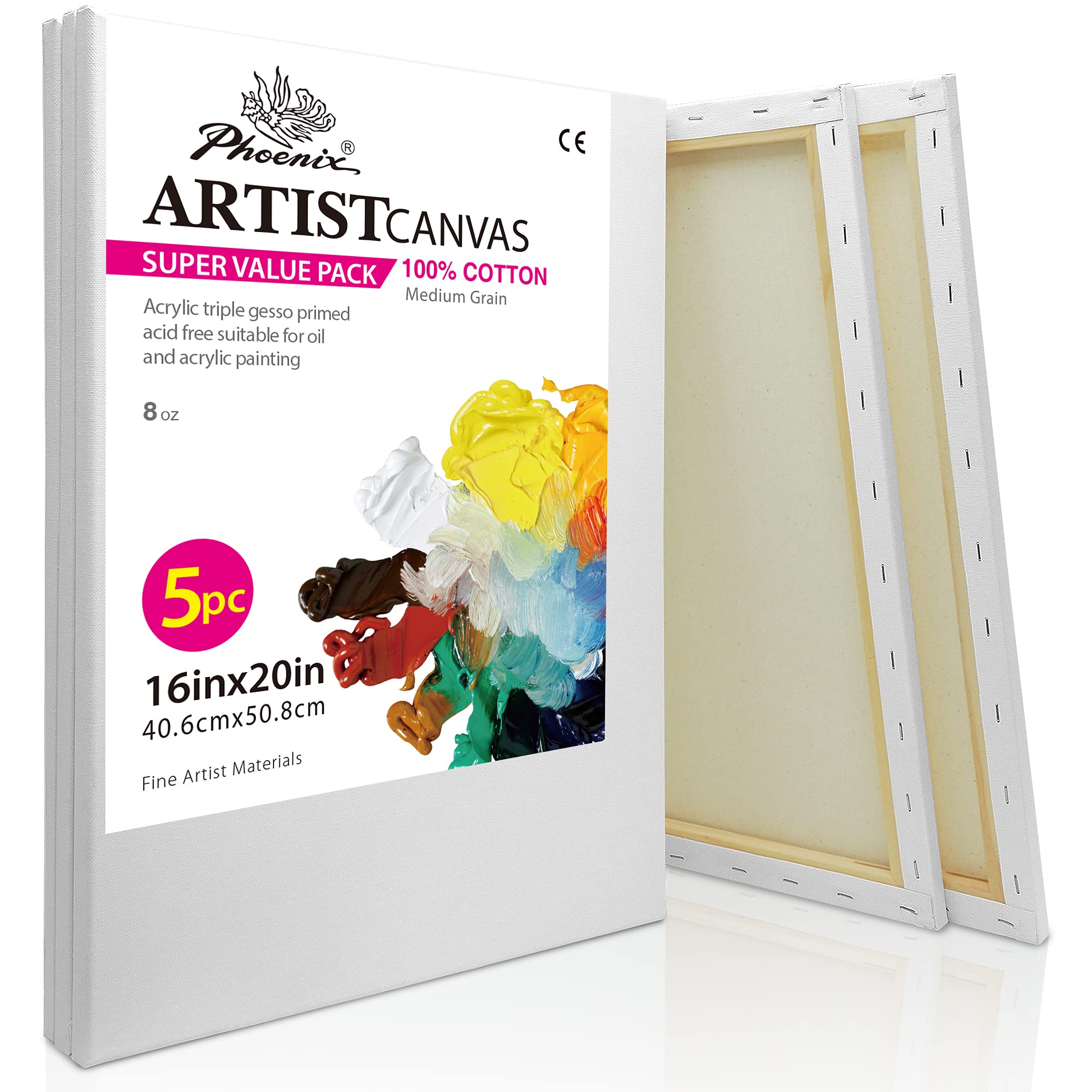 PHOENIX Stretched Canvas for Painting 16x20 Inch/5 Value Pack, 8 Oz Triple Primed 5/8 Inch Profile 100% Cotton White Blank Canvas, Large Framed Canvas for Oil Acrylic &amp; Pouring Art image 0