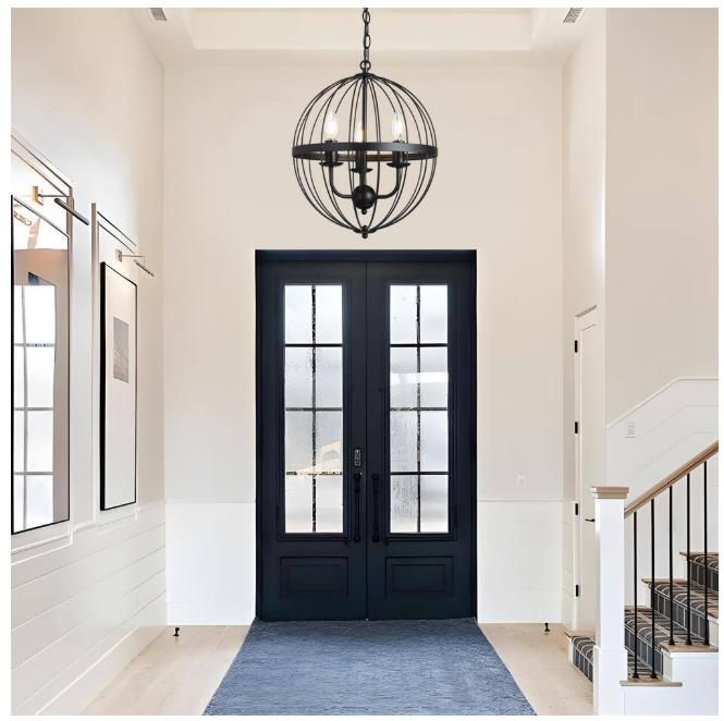 3-Light Distressed Black Farmhouse Chandelier for Dining Room Metal Cage Pendant Hanging Light Fixtures image 4