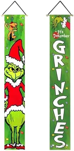 Christmas Grinch Porch Banners – Holiday Doorway Decorations with Santa Outfit & Lights, 2-Pack (70.8" x 11.8")