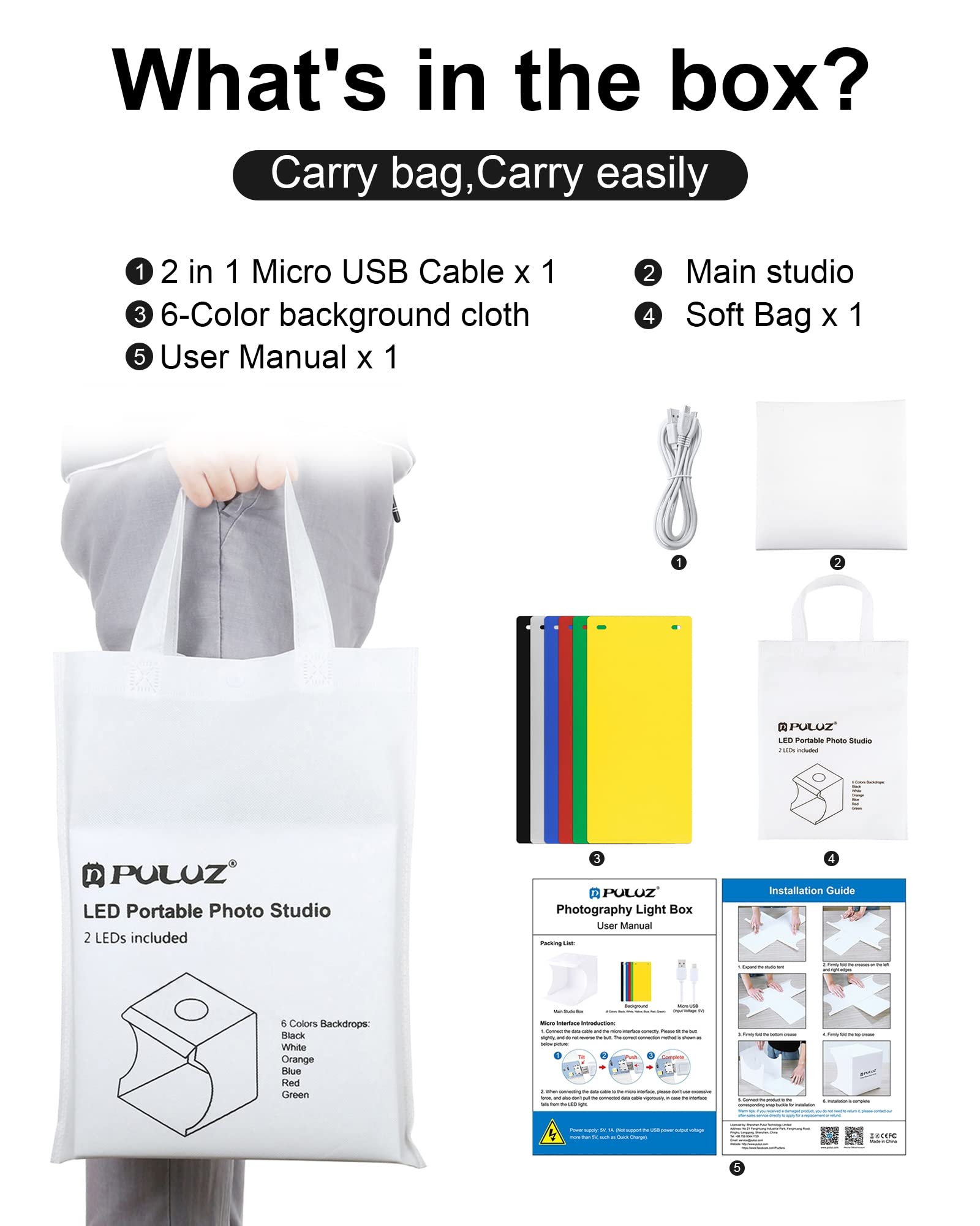 Photo Studio Box with LED Light, PULUZ 20cm Mini Portable Photography Lighting Tent Kit, White Foldable Shooting Softbox with 2x20 Lights + 6 Backdrops for Product Display image 5