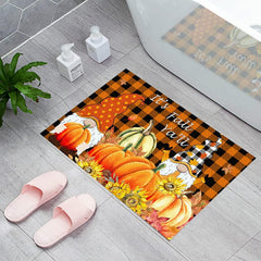 Fall Gnome Pumpkins Doormat – Farmhouse Thanksgiving Welcome Mat with Maple Leaves, Indoor/Outdoor Low-Profile Floor Rug