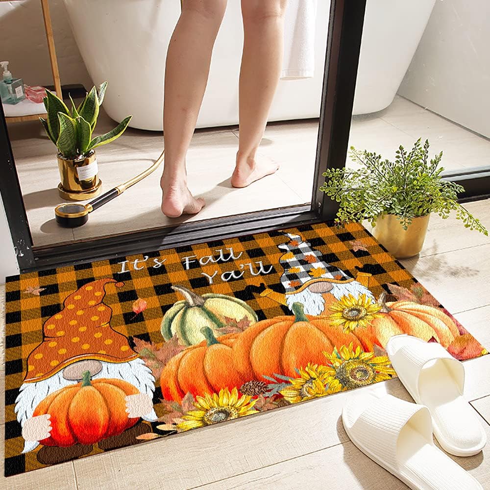 Fall Gnome Pumpkins Doormat – Farmhouse Thanksgiving Welcome Mat with Maple Leaves, Indoor/Outdoor Low-Profile Floor Rug