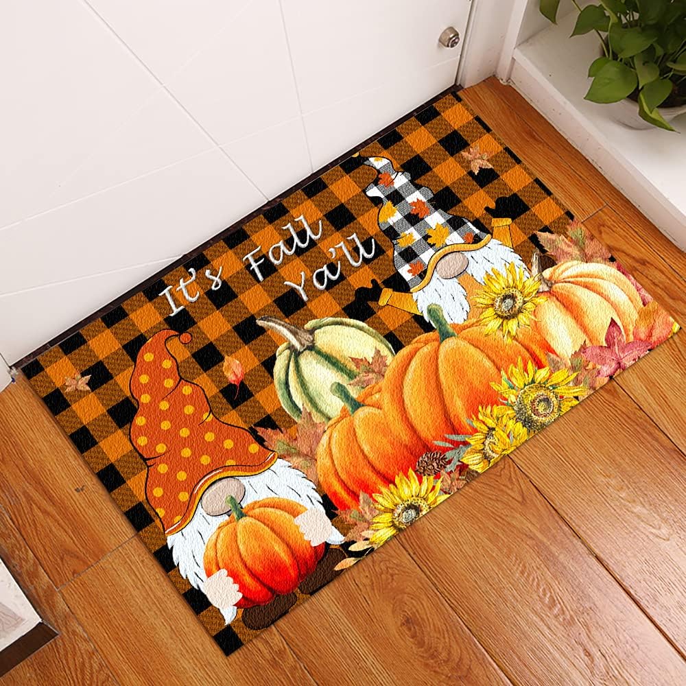 Fall Gnome Pumpkins Doormat – Farmhouse Thanksgiving Welcome Mat with Maple Leaves, Indoor/Outdoor Low-Profile Floor Rug