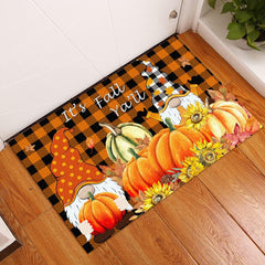 Fall Gnome Pumpkins Doormat – Farmhouse Thanksgiving Welcome Mat with Maple Leaves, Indoor/Outdoor Low-Profile Floor Rug