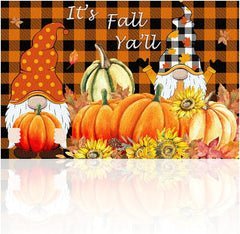 Fall Gnome Pumpkins Doormat – Farmhouse Thanksgiving Welcome Mat with Maple Leaves, Indoor/Outdoor Low-Profile Floor Rug