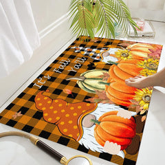 Fall Gnome Pumpkins Doormat – Farmhouse Thanksgiving Welcome Mat with Maple Leaves, Indoor/Outdoor Low-Profile Floor Rug