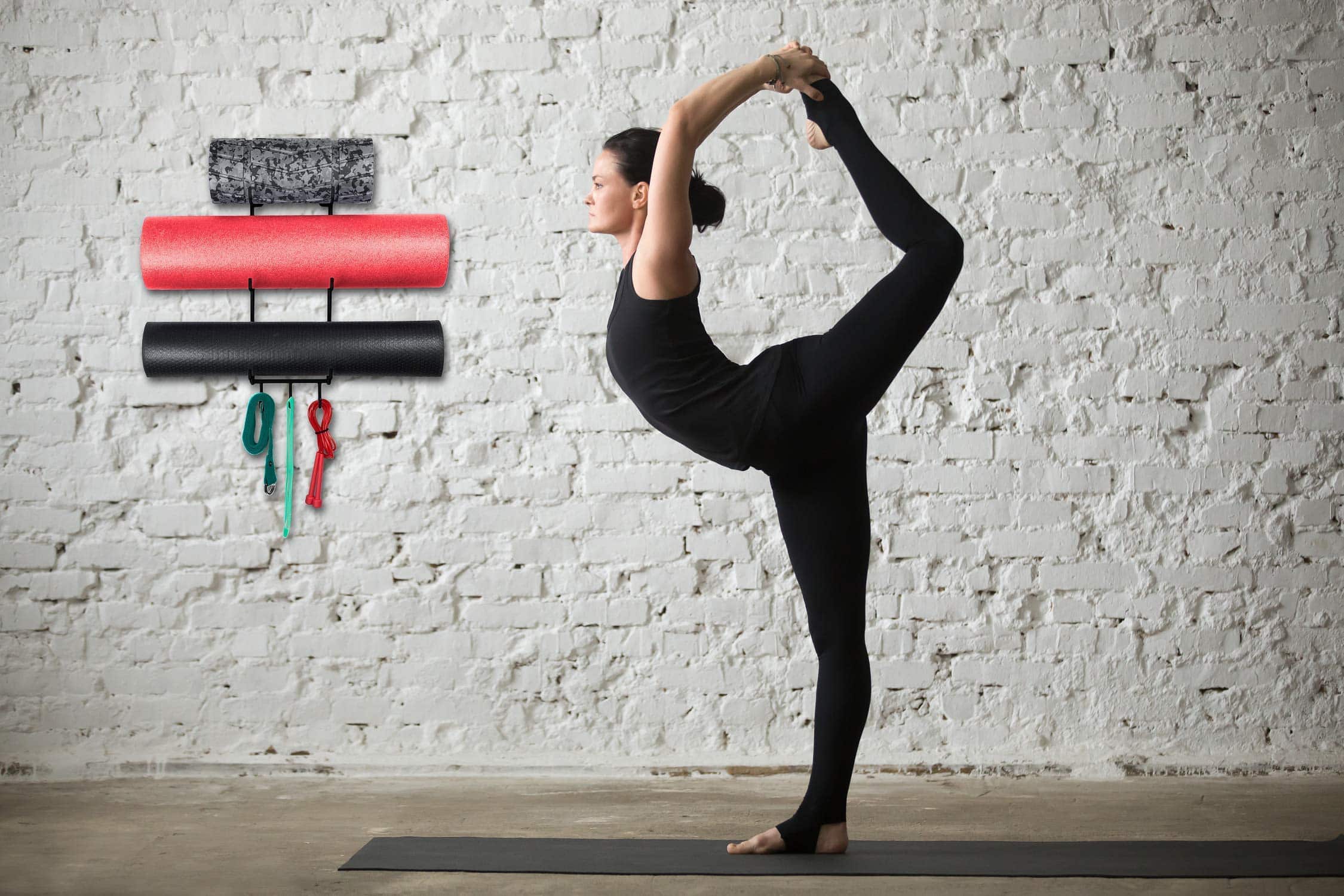 Altair Fitness Yoga Mat Wall Holder Mount Rack, Foam Roller and Towel Rack 3-Tiered Metal Design Black image 7