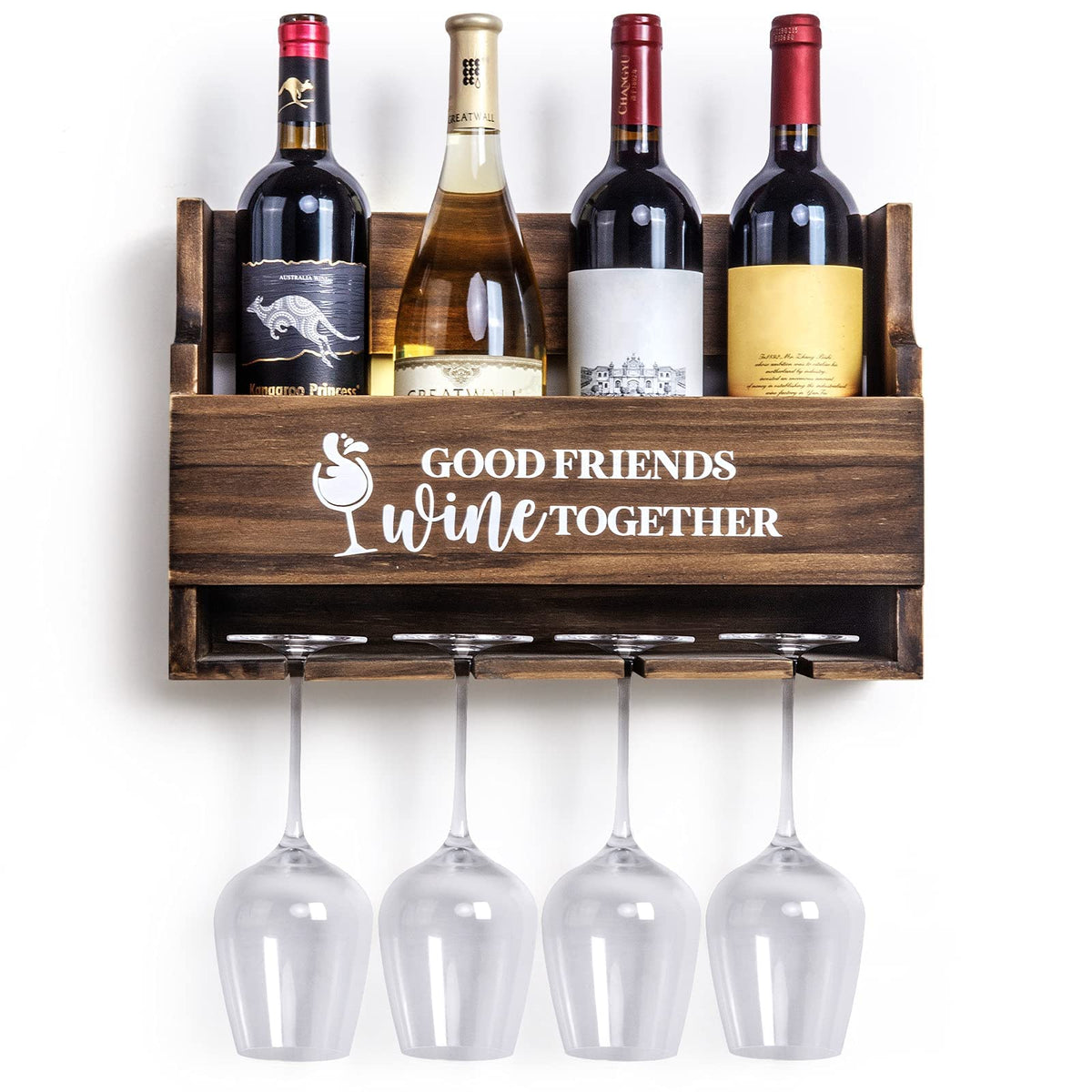 Lemonn Living, Wooden Wall Mounted Wine Rack, Kitchen Storage, Wine Bottle &amp; Glass Holder, Stylish Home &amp; Kitchen Décor, Gift for Housewarming, Birthday or Any Occasion (Good Friends Wine Together) image 0