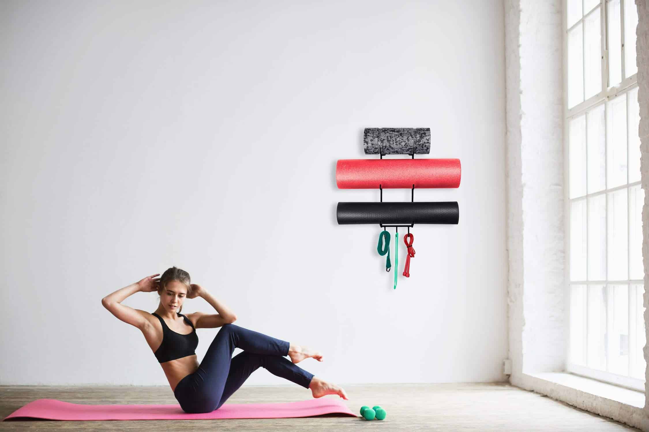 Altair Fitness Yoga Mat Wall Holder Mount Rack, Foam Roller and Towel Rack 3-Tiered Metal Design Black image 8
