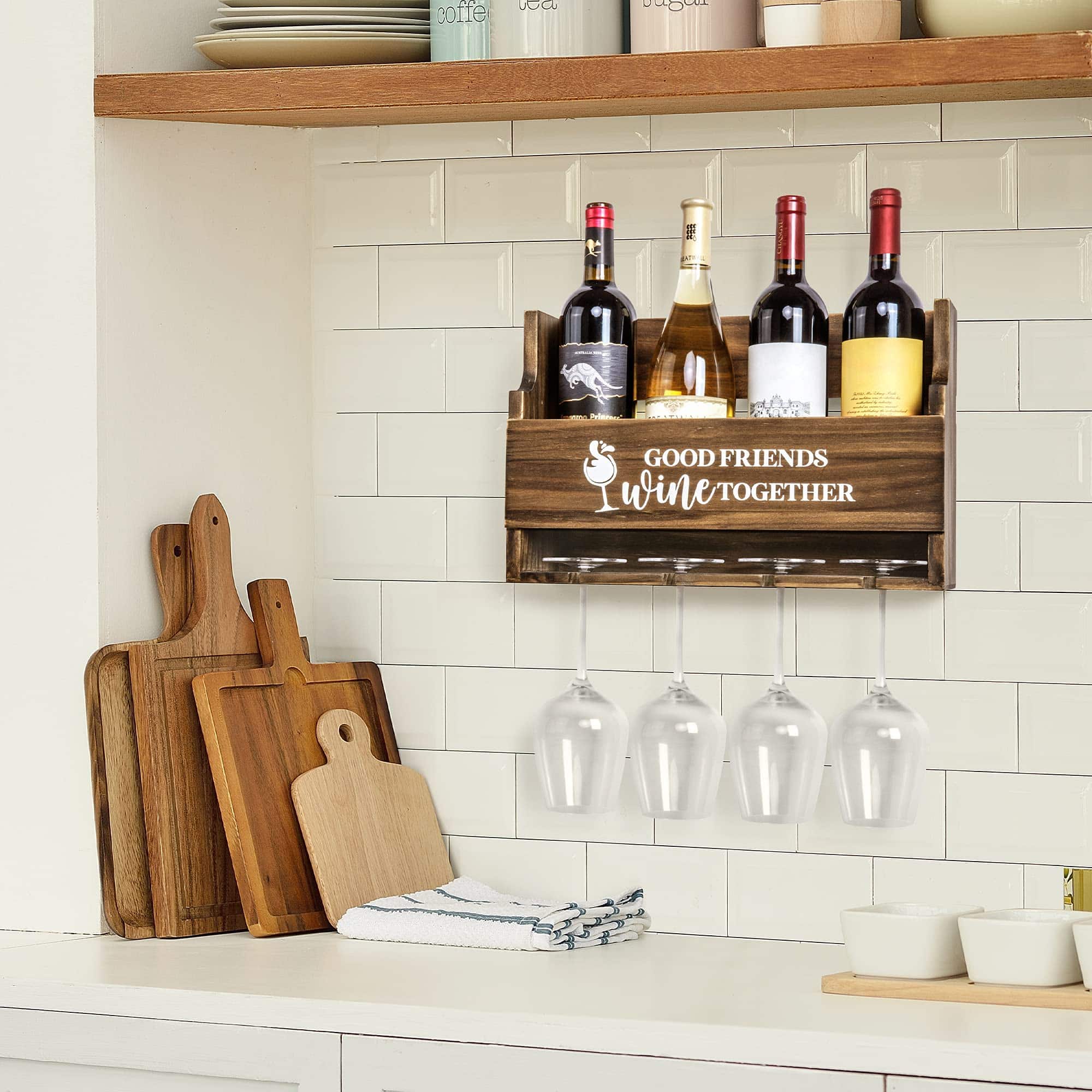 Lemonn Living, Wooden Wall Mounted Wine Rack, Kitchen Storage, Wine Bottle &amp; Glass Holder, Stylish Home &amp; Kitchen Décor, Gift for Housewarming, Birthday or Any Occasion (Good Friends Wine Together) image 3