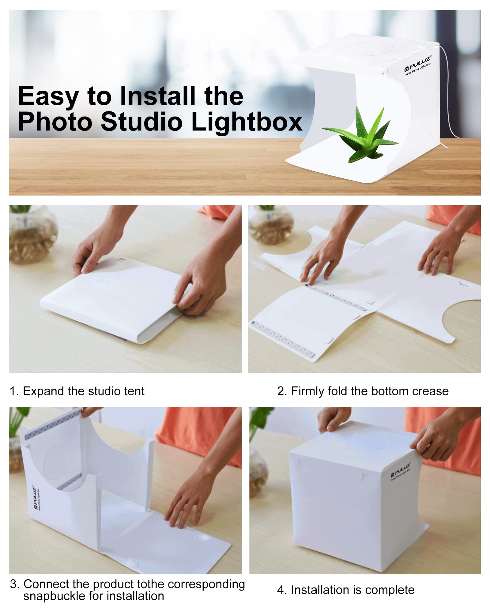 Photo Studio Box with LED Light, PULUZ 20cm Mini Portable Photography Lighting Tent Kit, White Foldable Shooting Softbox with 2x20 Lights + 6 Backdrops for Product Display image 4