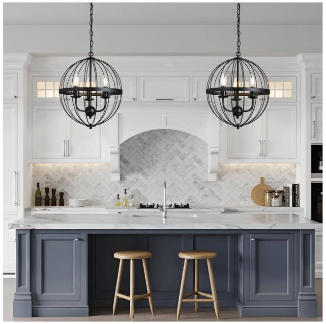 3-Light Distressed Black Farmhouse Chandelier for Dining Room Metal Cage Pendant Hanging Light Fixtures image 5