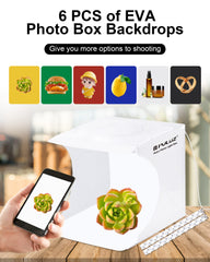 Photo Studio Box with LED Light, PULUZ 20cm Mini Portable Photography Lighting Tent Kit, White Foldable Shooting Softbox with 2x20 Lights + 6 Backdrops for Product Display image 2