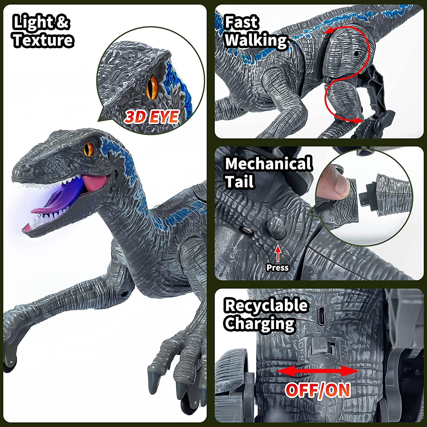 Remote Control Dinosaur Toys for Kids, RC Velociraptor Robot Toys 2.4Ghz Walking Large Electronic Pet Robo Dino with Lights and Roaring Sound for Boys Girls image 5